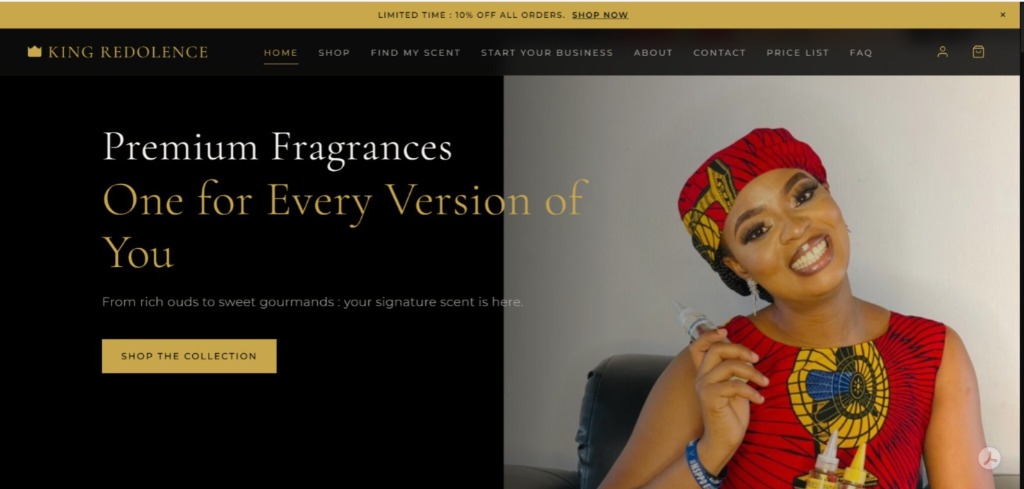 King Redolence Perfumes e-commerce homepage layout