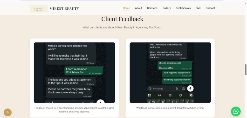 Mibest Beauty WhatsApp Client Feedback Conversations